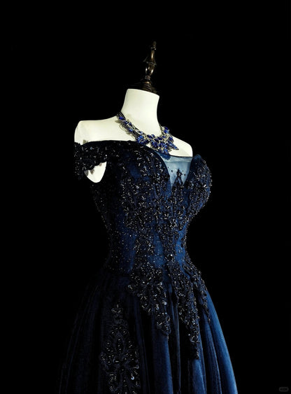 Robe de soirée vintage années 90, coupe trapèze, épaules dénudées, en tulle bleu marine, idéale pour un anniversaire ou un bal de promo (N1752).