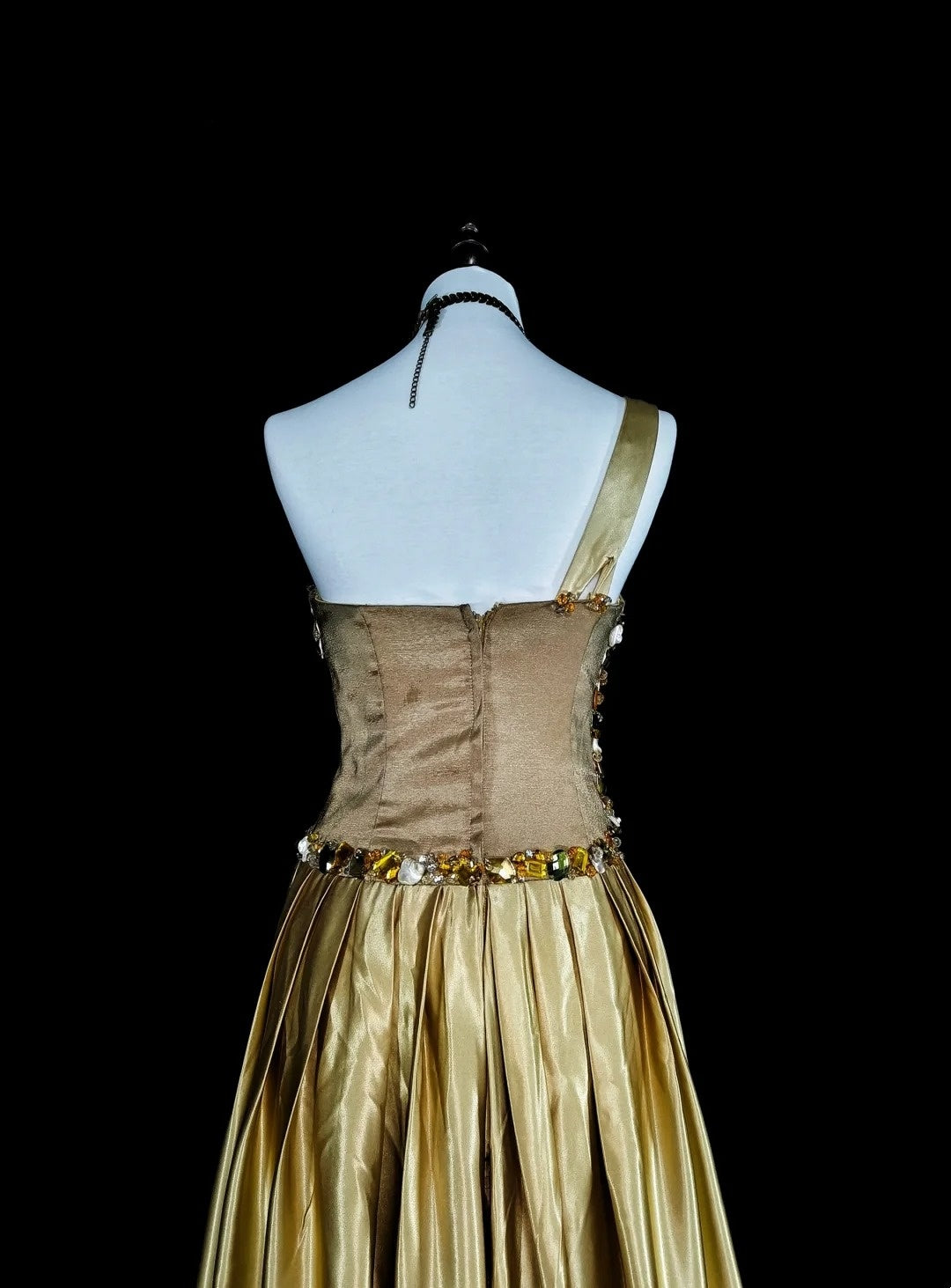 Vintage Ballkleider A-Linie One Shoulder Gelb Satin Mit Perlen Falten Langes Abendkleid N2386