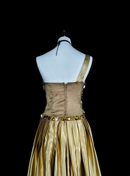 Vintage Ballkleider A-Linie One Shoulder Gelb Satin Mit Perlen Falten Langes Abendkleid N2386