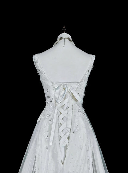 Vintage Abschlussballkleider Ästhetik 1950er Jahre Retro Meerjungfrau Weiß Tüll Spitze Langes Partykleid N2367