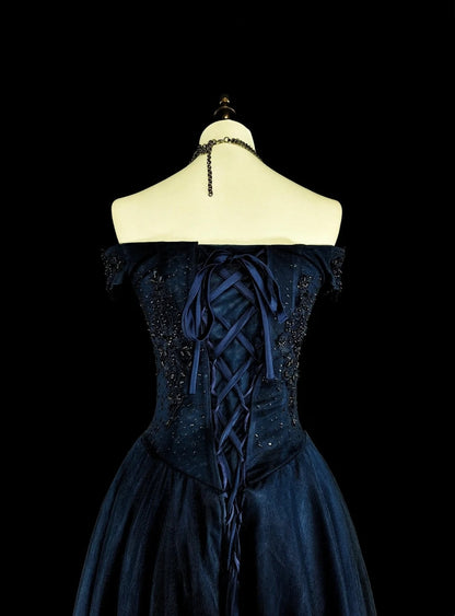 Robe de soirée vintage années 90, coupe trapèze, épaules dénudées, en tulle bleu marine, idéale pour un anniversaire ou un bal de promo (N1752).