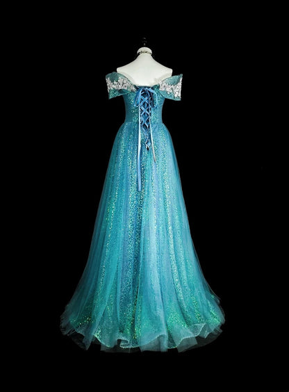 Robes de bal de rêve Esthétique rétro années 80 Épaules dénudées Tulle bleu clair Dentelle Tenues de soirée longues N2364