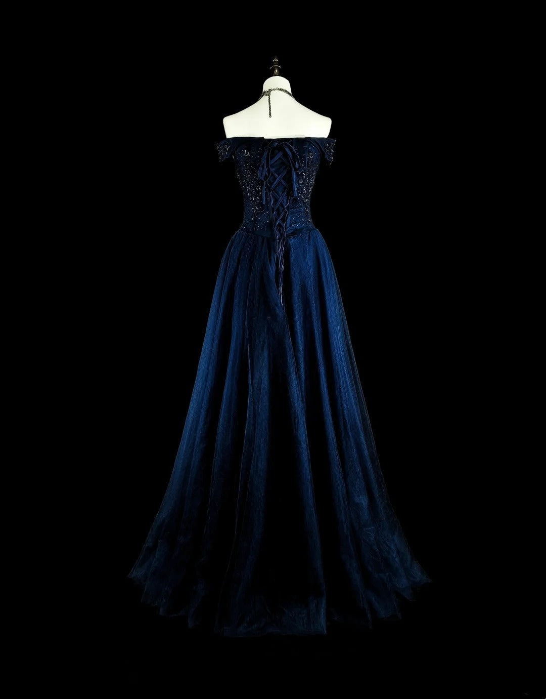 Robe de soirée vintage années 90, coupe trapèze, épaules dénudées, en tulle bleu marine, idéale pour un anniversaire ou un bal de promo (N1752).