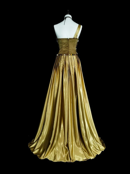 Vintage Ballkleider A-Linie One Shoulder Gelb Satin Mit Perlen Falten Langes Abendkleid N2386