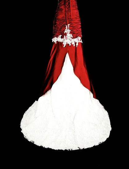 Robes de bal vintage sirène bustier en satin bordeaux avec dentelle blanche longue robe de soirée N2377