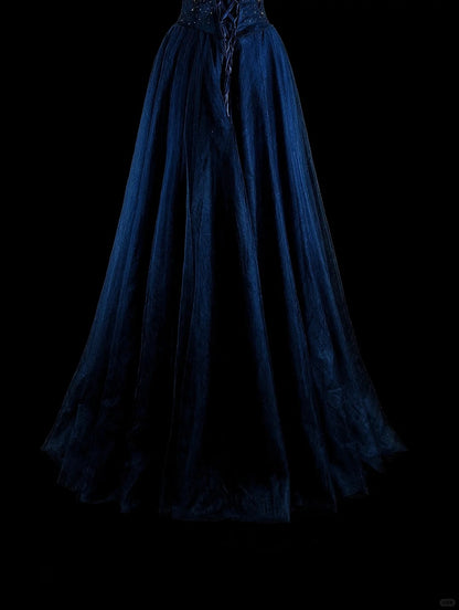 Robe de soirée vintage années 90, coupe trapèze, épaules dénudées, en tulle bleu marine, idéale pour un anniversaire ou un bal de promo (N1752).