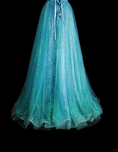 Robes de bal de rêve Esthétique rétro années 80 Épaules dénudées Tulle bleu clair Dentelle Tenues de soirée longues N2364