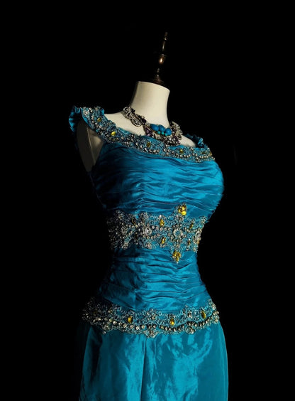 Robe de bal d'été longue bleue vintage à col carré et perles, style sirène, référence N1422