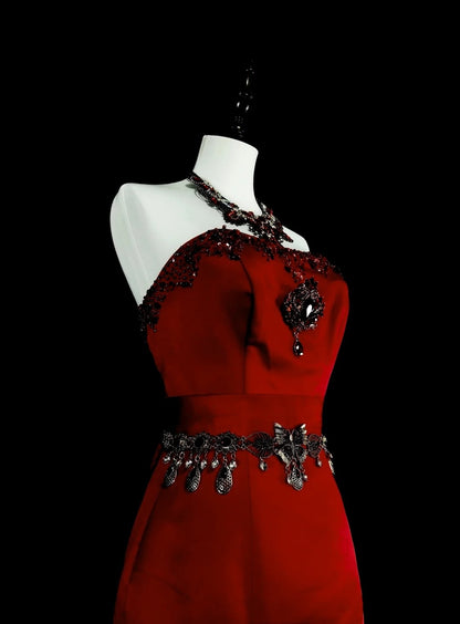 Robe de bal de printemps sirène bustier rouge en tulle, modèle N1426