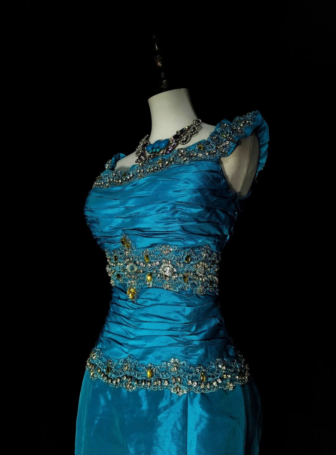 Robe de bal d'été longue bleue vintage à col carré et perles, style sirène, référence N1422