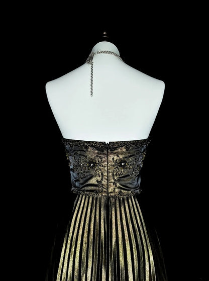 Vintage A Line Strapless Gold Black With Beaded Long Summer Prom Dresses Senior High Schools Formal Party Dress N1424