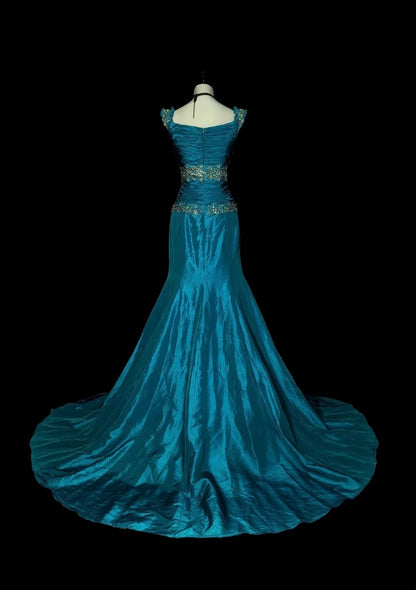Robe de bal d'été longue bleue vintage à col carré et perles, style sirène, référence N1422