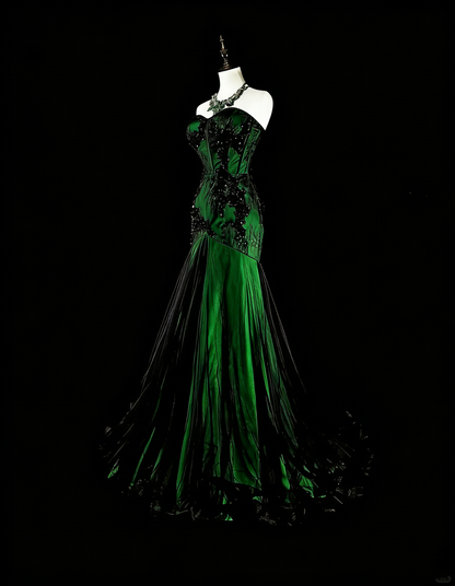 Robe de bal longue vintage années 1760, style sirène, bustier vert avec appliques noires N1606