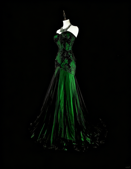 Vintage 1760s Mermaid Sweetheart Green With Black Appliques Long Prom Dresses N1606