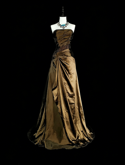 Vintage-Abendkleider im Stil der 1950er Jahre, Meerjungfrauen-Stil, trägerlos, braun, lang, mit Perlenstickerei N2009