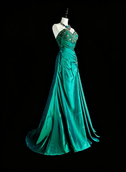 Vintage Meerjungfrauen-Abendkleid, dunkelgrün, 70er Jahre, mit plissierten Perlen, langes Ballkleid, Partykleid N1839