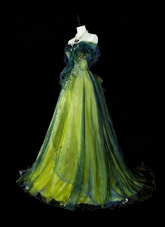 Robe de bal vintage sans bretelles, en tulle vert et noir, style années 80, longue robe de soirée formelle N1466
