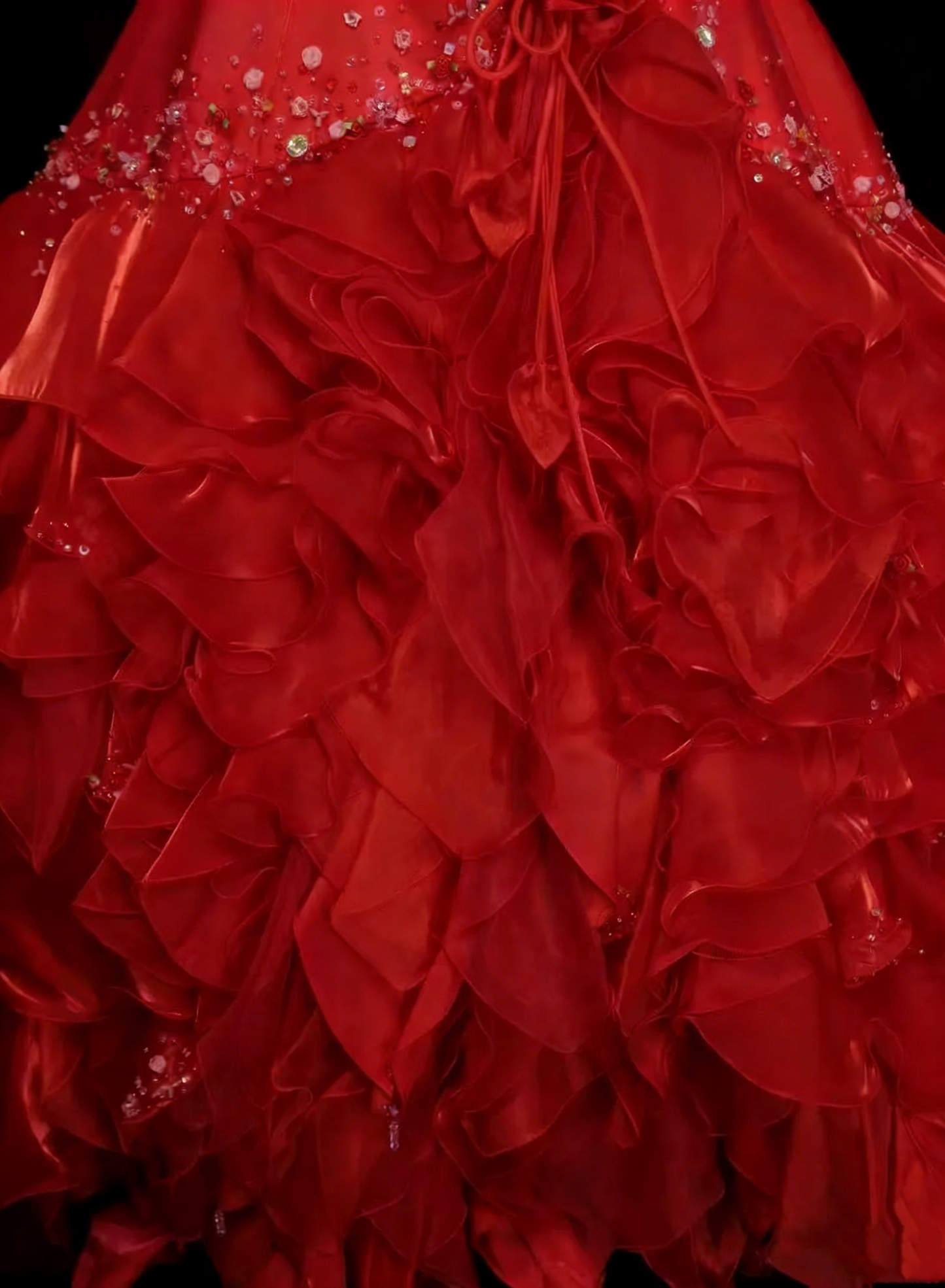 Robe de bal vintage bustier en satin rouge à volants, robe de quinceañera longue (taille 15) - N1446