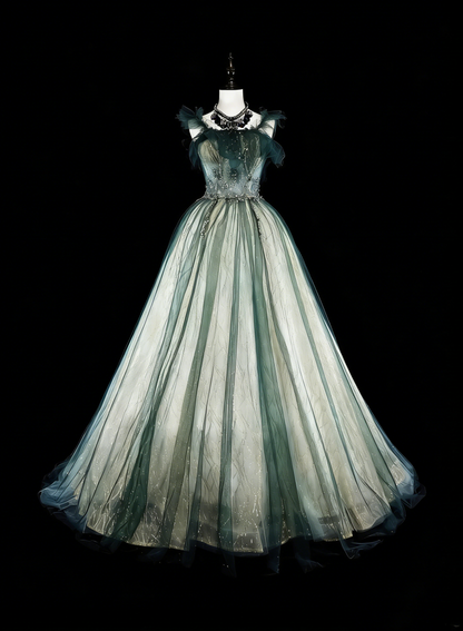 Robes de bal vintage Robes de soirée bretelles en tulle vert avec volants Robe longue de soirée des années 1980 N2712