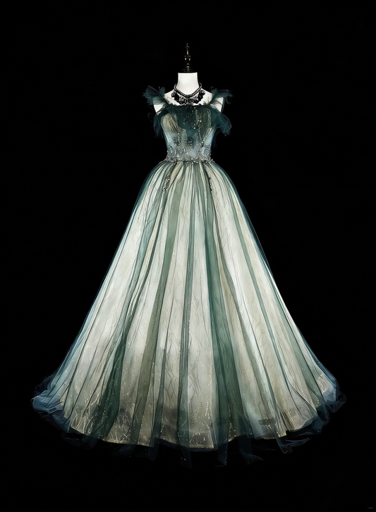 Vintage Prom Dresses Ball Gown Straps Green Tulle With Ruffle 1980s Long Formal Gown N2712