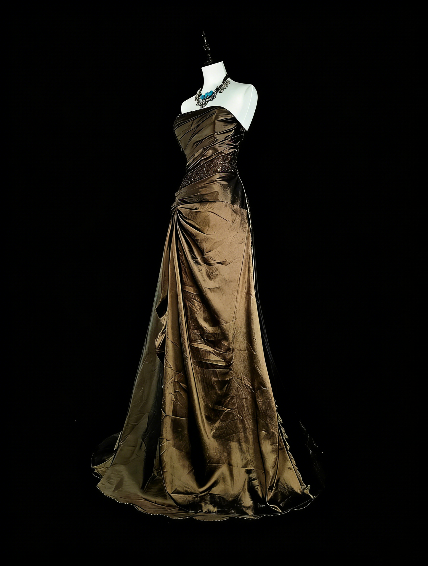 Vintage-Abendkleider im Stil der 1950er Jahre, Meerjungfrauen-Stil, trägerlos, braun, lang, mit Perlenstickerei N2009