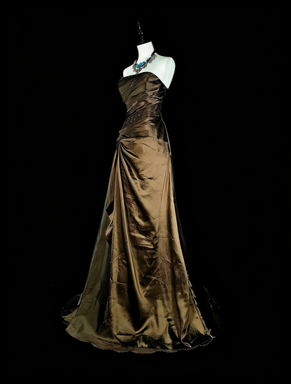 Vintage-Abendkleider im Stil der 1950er Jahre, Meerjungfrauen-Stil, trägerlos, braun, lang, mit Perlenstickerei N2009