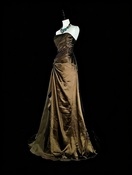 Vintage Prom Dresses Aesthetic 1950s Retro Mermaid Strapless Brown Long With Beadings N2009