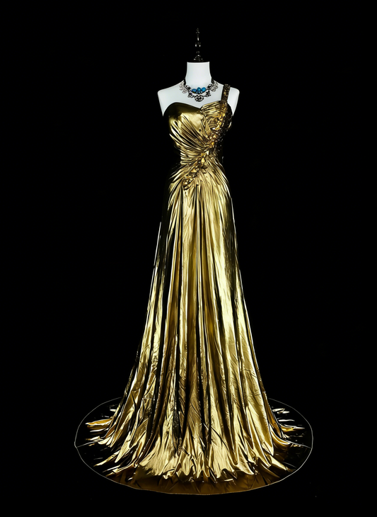 Robe de bal vintage années 80, coupe trapèze, asymétrique, plissée or, sans manches, robe de soirée longue N1469