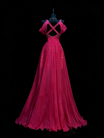 Elegantes Meerjungfrauen-Kleid aus pinkfarbenem Chiffon mit perlenbesetztem Oberteil – langes Ballkleid für Teenager (N1190)