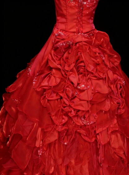 Robe de bal vintage bustier en satin rouge à volants, robe de quinceañera longue (taille 15) - N1446