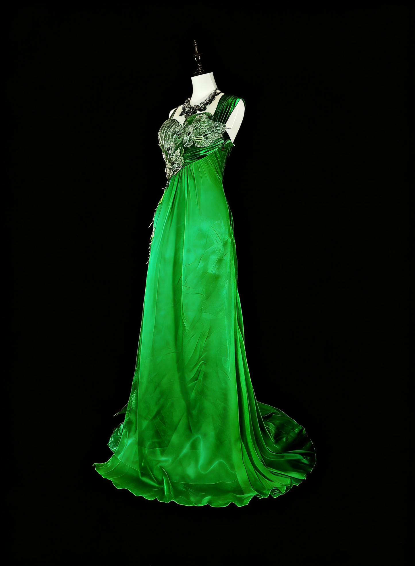 Robe de bal longue verte vintage années 70, coupe trapèze, bretelles, plissée et ornée de perles, référence N1840