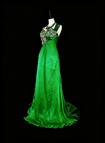 Robe de bal longue verte vintage années 70, coupe trapèze, bretelles, plissée et ornée de perles, référence N1840