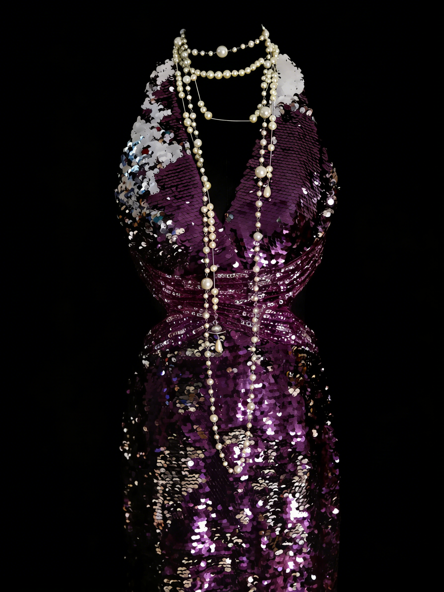 Vintage-Ballkleider Ästhetik 1960er Retro Trauben-Pailletten Rückenfreies Meerjungfrauen-Abendkleid N2136