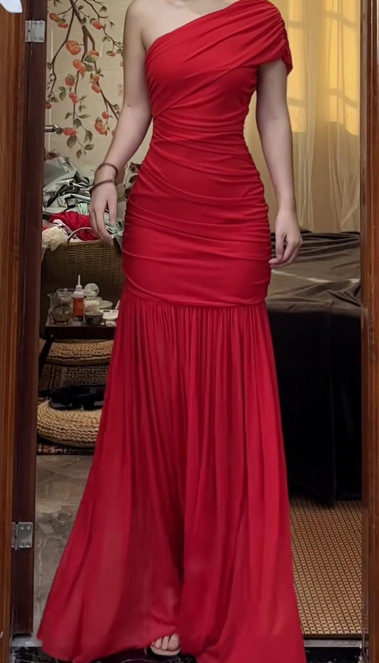 Modest Mermaid One Shoulder Red Chiffon With Pleated Long Chiffon Tight Formal Gowns Prom Dresses Evening Gowns AB766