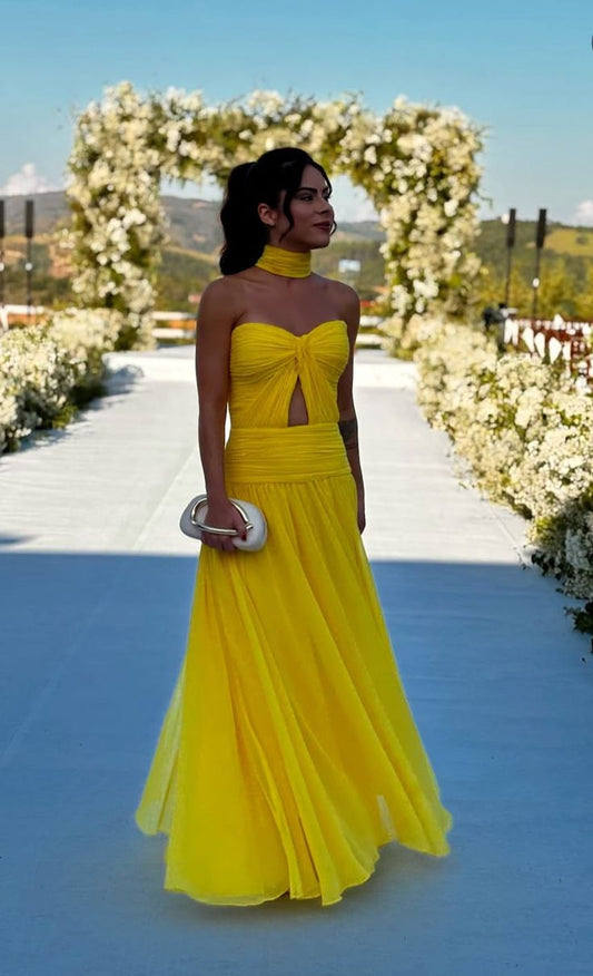 A Line Sweetheart Yellow Chiffon Sleeveless Long Prom Dresses Classy Prom Party Gowns AB237