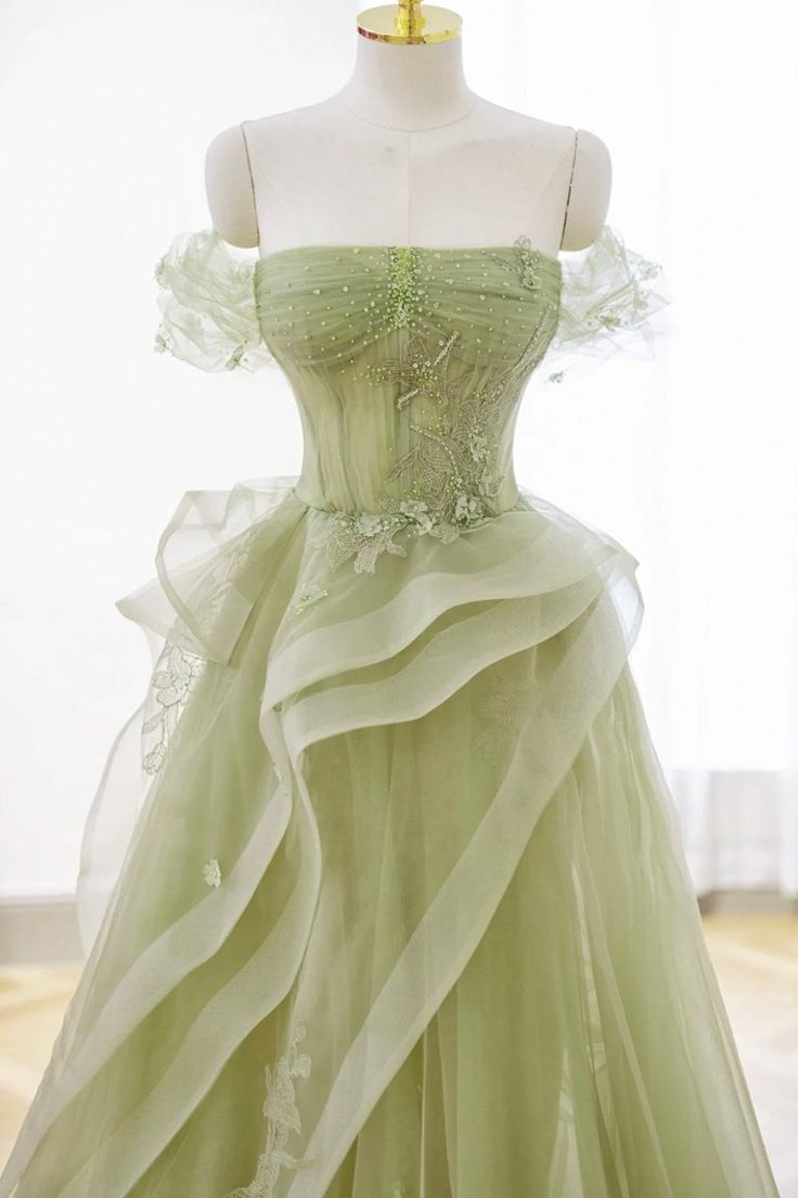 Robe de bal élégante en tulle et dentelle vert sauge, épaules dénudées, longue, robe de soirée, AB327
