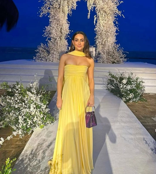 Modest A Line Strapless Chiffon Yellow Prom Dresses Inspo Simple Long Prom Gowns With Scarf AB249