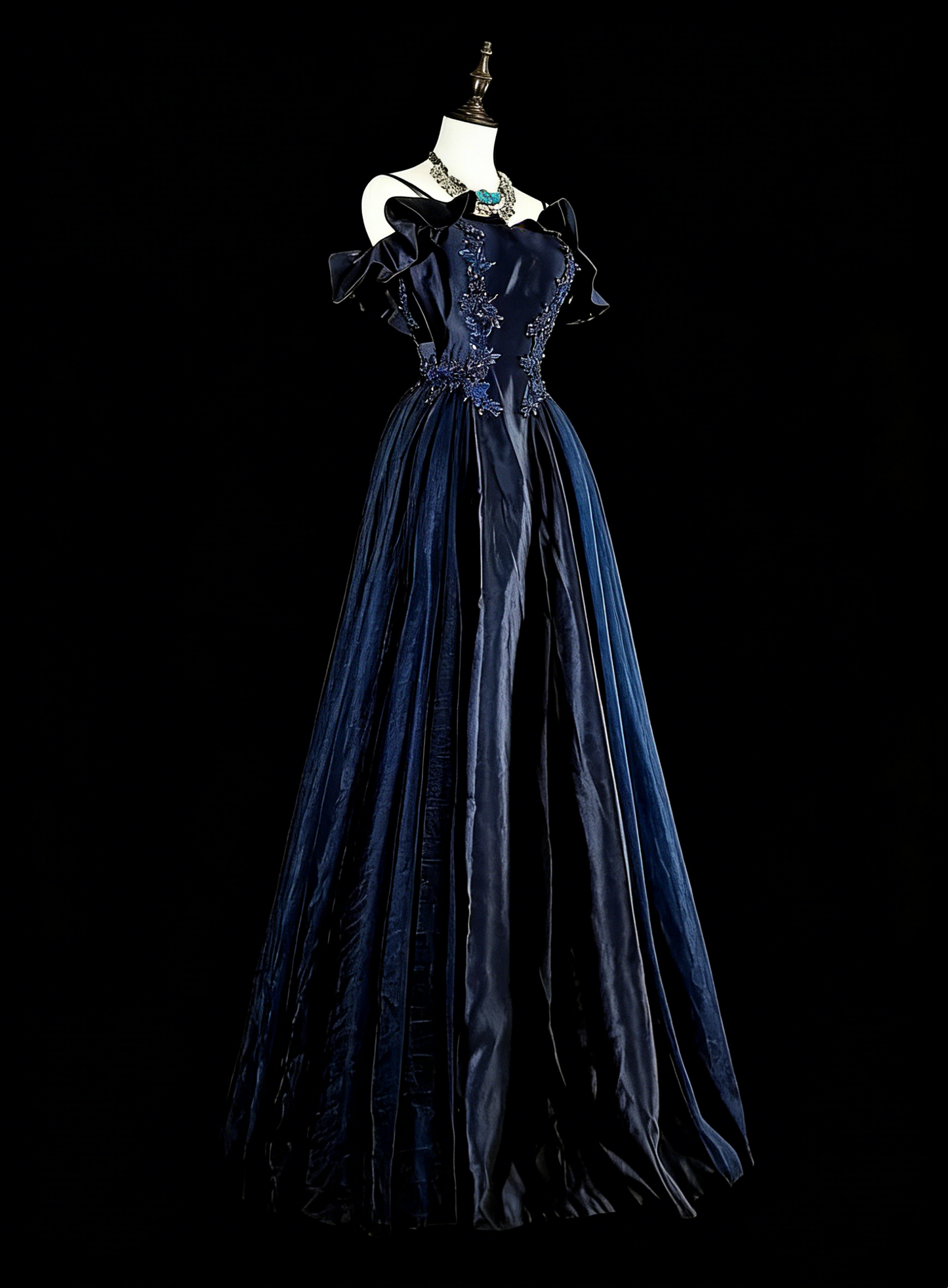 Vintage Prom Dresses A line Spaghetti Strap Off-Shoulder Navy Blue Tulle With Appliques 80s Long Formal Gown N2722