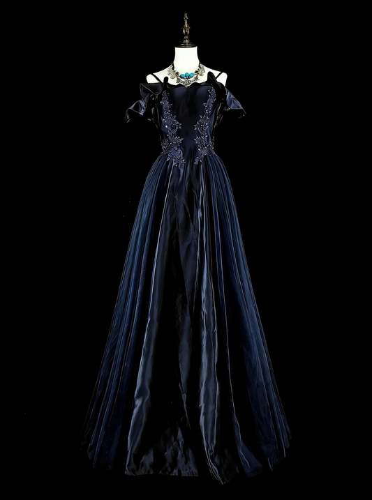 Vintage Prom Dresses A line Spaghetti Strap Off-Shoulder Navy Blue Tulle With Appliques 80s Long Formal Gown N2722