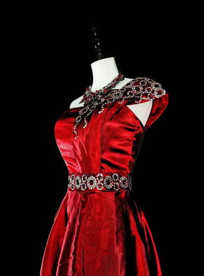 Robe de bal longue rouge vintage asymétrique à une épaule, ornée de perles, référence N1825