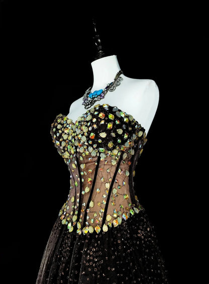 Robe de bal vintage esthétique années 70 rétro bustier en tulle noir longue robe de soirée N2153