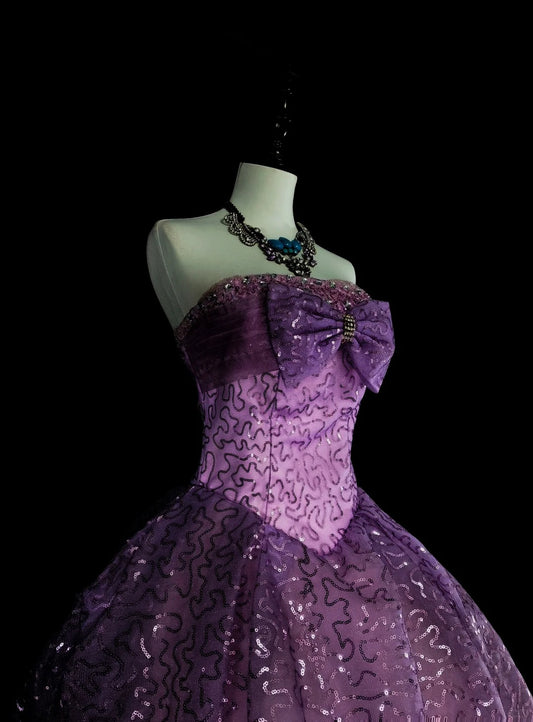 Wunderschöne Ballkleider für den Abschlussball, Lila, trägerlos, Tüll mit Schleife, lange Abendgarderobe N3421
