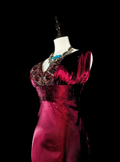 Vintage Meerjungfrauen-Abendkleid mit V-Ausschnitt, dunkelrot-burgunderfarbenem Satin mit Perlenstickerei, langes Ballkleid, Partykleid, Modekleid N1829