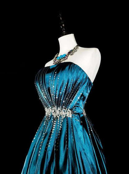 Robe de bal vintage, style rétro années 50, coupe trapèze, bustier, longue en satin ornée de perles N2008