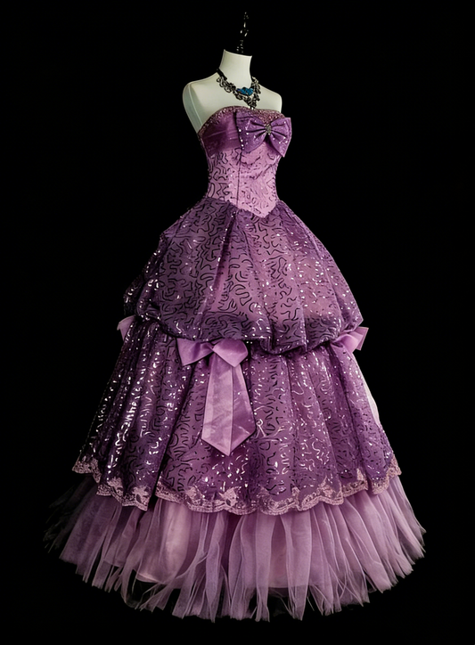 Wunderschöne Ballkleider für den Abschlussball, Lila, trägerlos, Tüll mit Schleife, lange Abendgarderobe N3421