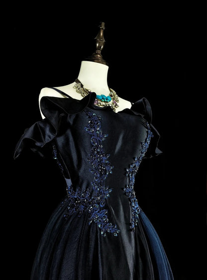 Robe de soirée vintage années 80, coupe trapèze, bretelles spaghetti, tulle bleu marine, robe de bal longue N1754