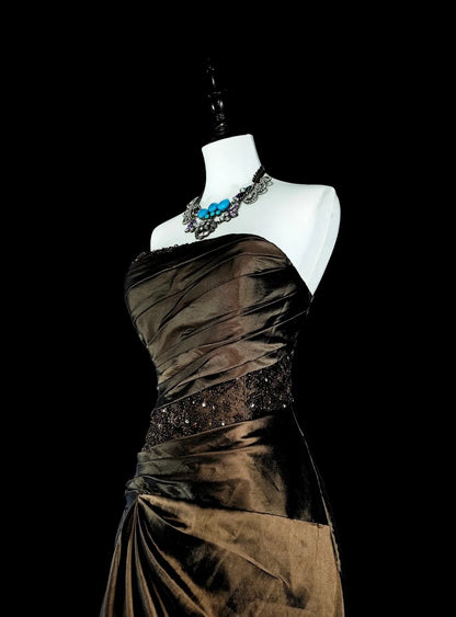 Vintage-Abendkleider im Stil der 1950er Jahre, Meerjungfrauen-Stil, trägerlos, braun, lang, mit Perlenstickerei N2009