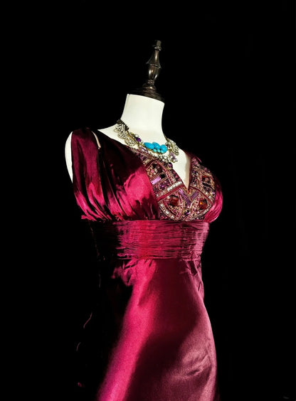 Vintage Meerjungfrauen-Abendkleid mit V-Ausschnitt, dunkelrot-burgunderfarbenem Satin mit Perlenstickerei, langes Ballkleid, Partykleid, Modekleid N1829