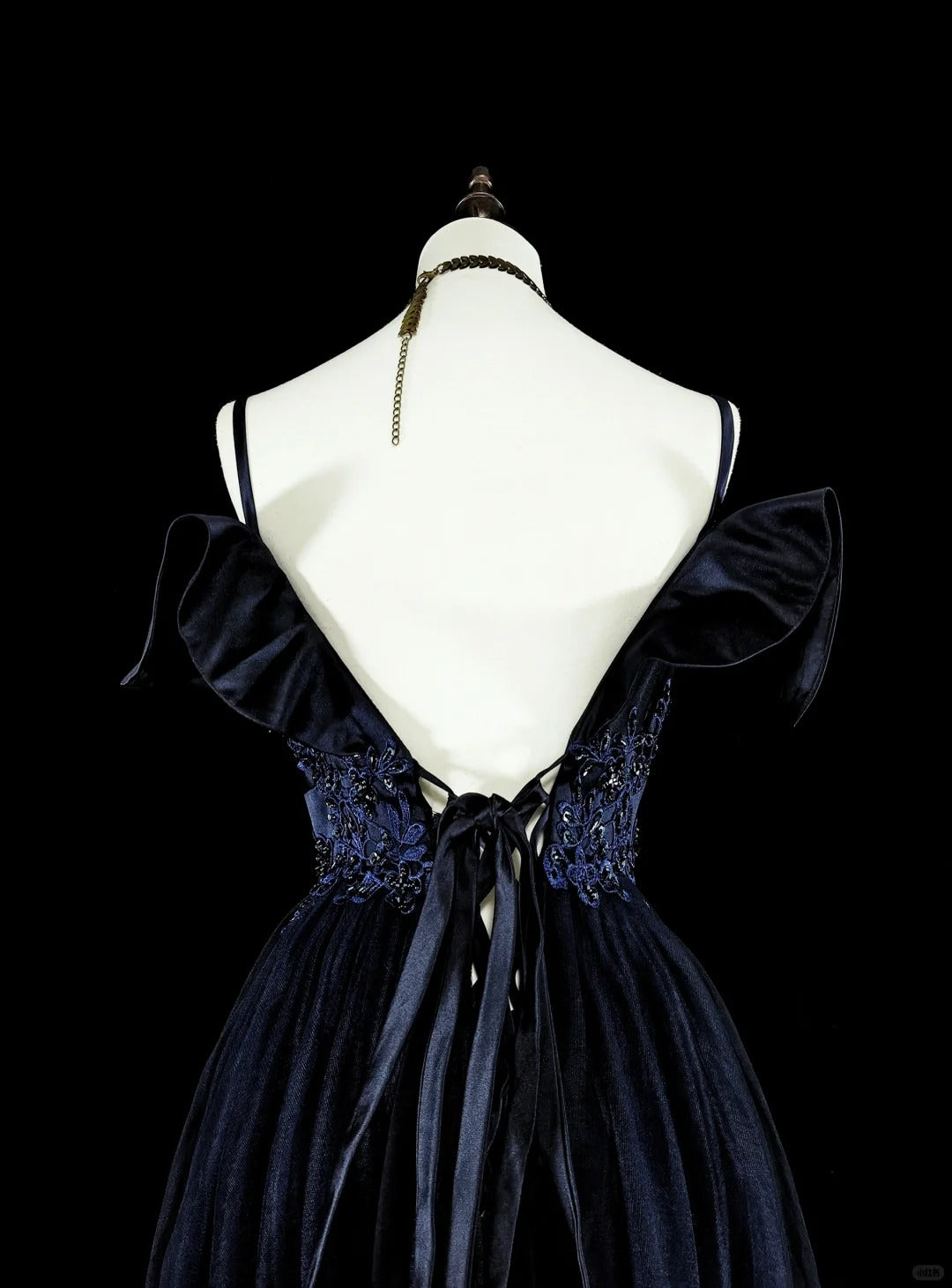 Vintage Prom Dresses A line Spaghetti Strap Off-Shoulder Navy Blue Tulle With Appliques 80s Long Formal Gown N2722