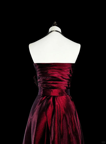 Vintage A-Linien-Abendkleid aus burgunderrotem Satin im Stil der 90er Jahre, trägerlos, formell, Geburtstagskleid, langes Ballkleid N1760